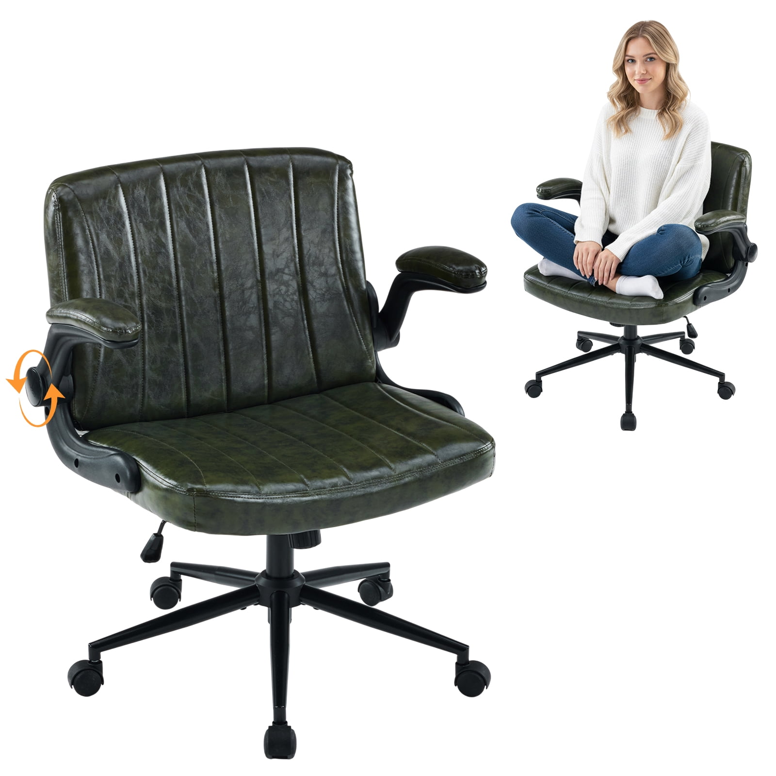 Ktaxon PU Office Desk Chair , Flip-Top Armrest Task Chair on Metal Star Base, Adjustable Height & Quiet Casters for Study Dark Green