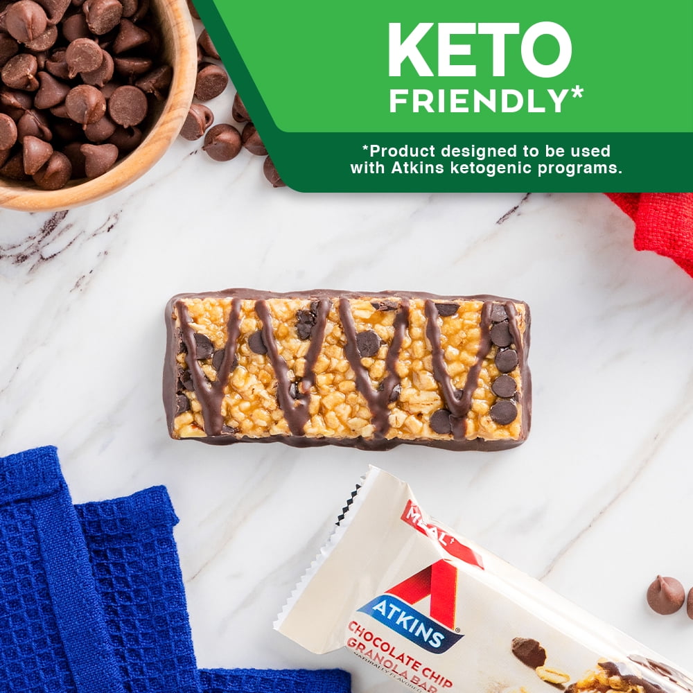Atkins Chocolate Chip Granola Protein Meal Bar, High Fiber, Low Sugar, Meal Replacement, Keto Friendly, 6/8 Packs