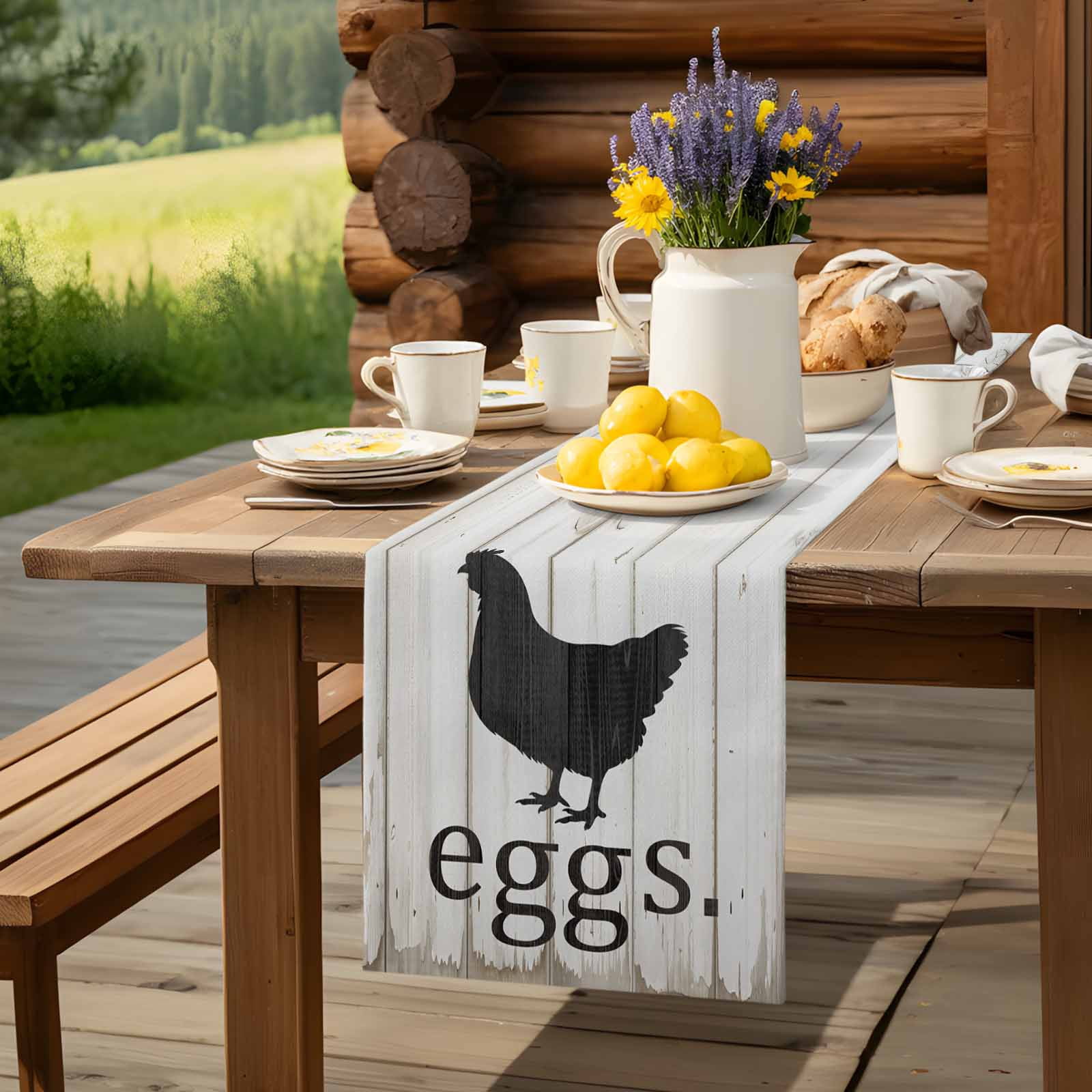 Farmhouse Abstract Chicken Eggs Table Runner 90 Inches Long, Vintage Wood Grain Table Runners Tabletop Scarf Kitchen Dining Tables Decoration for Home Party Indoor Outdoor