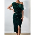 thumbnail image 4 of Women'S Off the Shoulder Asymmetrical Velvet Midi Dress Short Sleeve Ruched Elegant Party Dresses Green L, 4 of 8