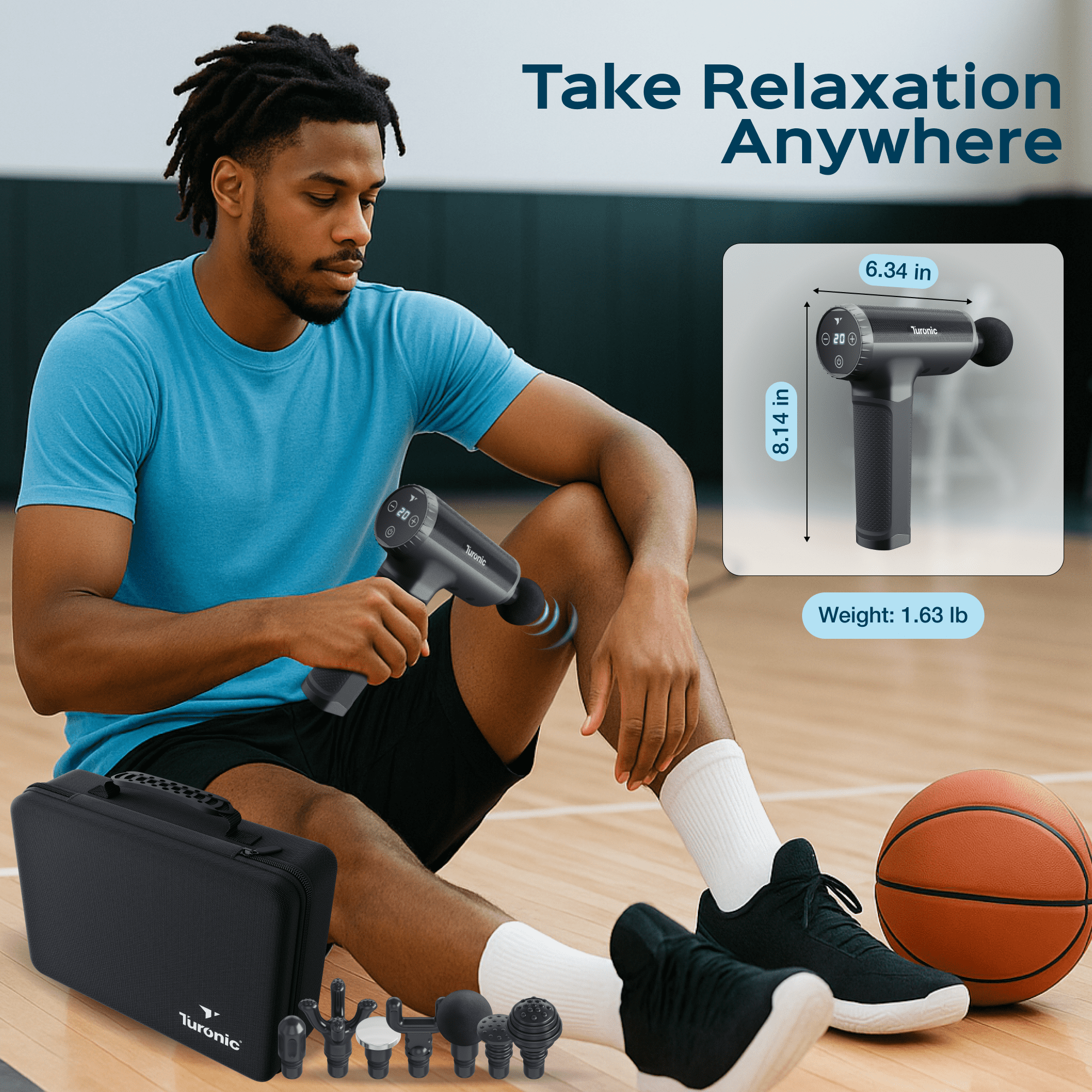 TURONIC Professional Handheld Massage Gun - Deep Tissue Percussion Massager, 20 Speeds, 7 Heads, Quiet, Powerful, Portable, Cordless, Great for Athletes, Personal Use, Shoulder, Foot, Back Body, GM5