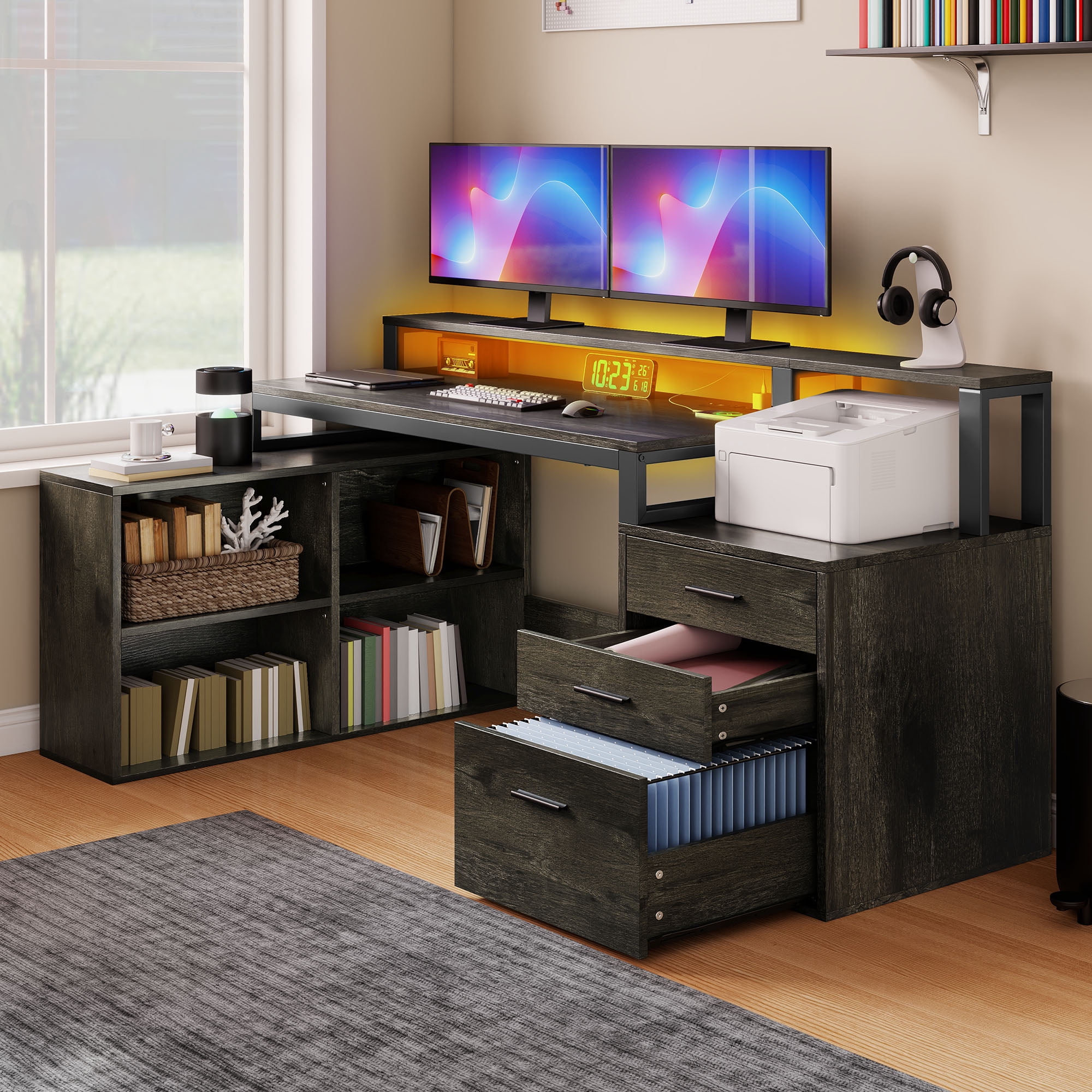 Uforic Computer Desk with LED Light, 65" L Shaped Desk with Shelves &Drawers, Home Office Desk, Gray