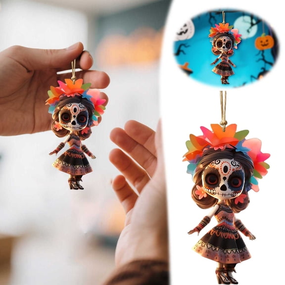 Dia De Los Muertos Style Hanging Ornament, Gothic Style Flat Acrylic Pendant For Halloween Party, Decorative Car And Home Hanging Accessory,Black,8 Cm