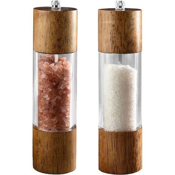 2Pcs Advanced Acrylic Salt and Pepper Grinder, Wooden Pepper Grinder, Durable Ceramic Grinder with Adjustable Thickness for Grinding