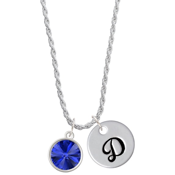 Delight Jewelry 12mm Crystal Rivoli - Blue Silvertone Script Initial Disc - D - Charm Necklace, 20"+3"