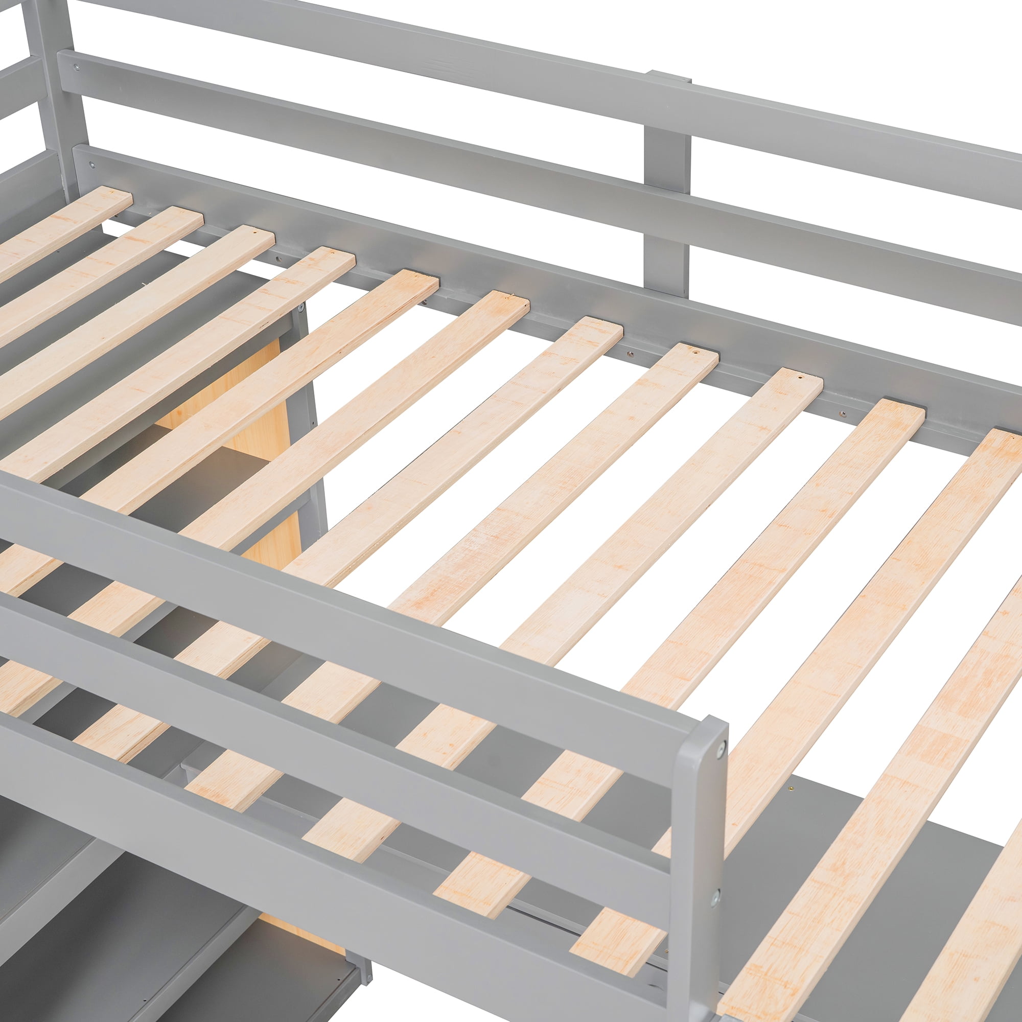 DEALTOPS Twin Size Loft Bed with Ladder, Shelves, and Desk, White - Gray