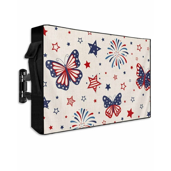 4th of July Outdoor TV Cover 48 to 50 Inch Weatherproof, Rustic Butterfly Star Blue Red Fireworks 600D Oxford TV Covers with Waterproof Zipper, Outside Flat TV Screen Protector Size 48"Wx30"Hx4.5"D