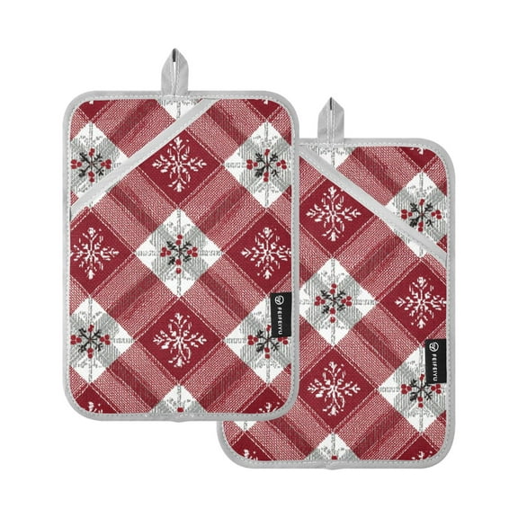 Holly Snowflakes Christmas Pattern on Red Plaids Potholders Heat Resistant Pot Holder Set of 2 Oven Hot Pads with Pocket