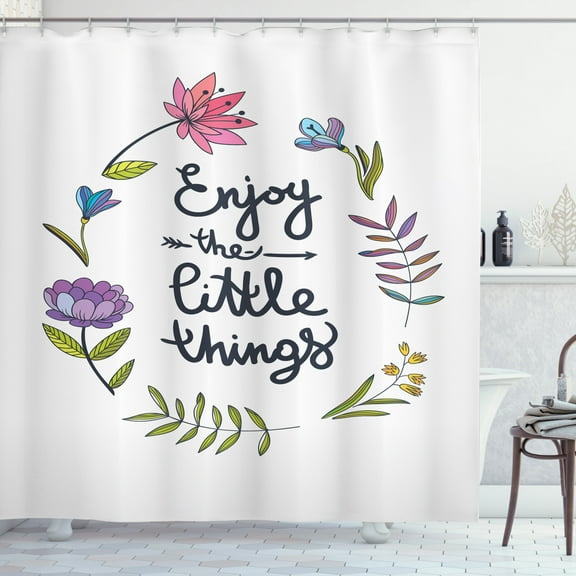 Enjoy the Little Things Shower Curtain, Botanical Hand Drawn Flower Wreath with Inspiring Lettering Design, Fabric Bathroom Set with Hooks, 69W X 70L Inches, Multicolor, by Ambesonne