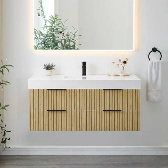 Livia 48" Wall-mounted Wood Vanity in Nature Brown Artificial Sink no Mirror