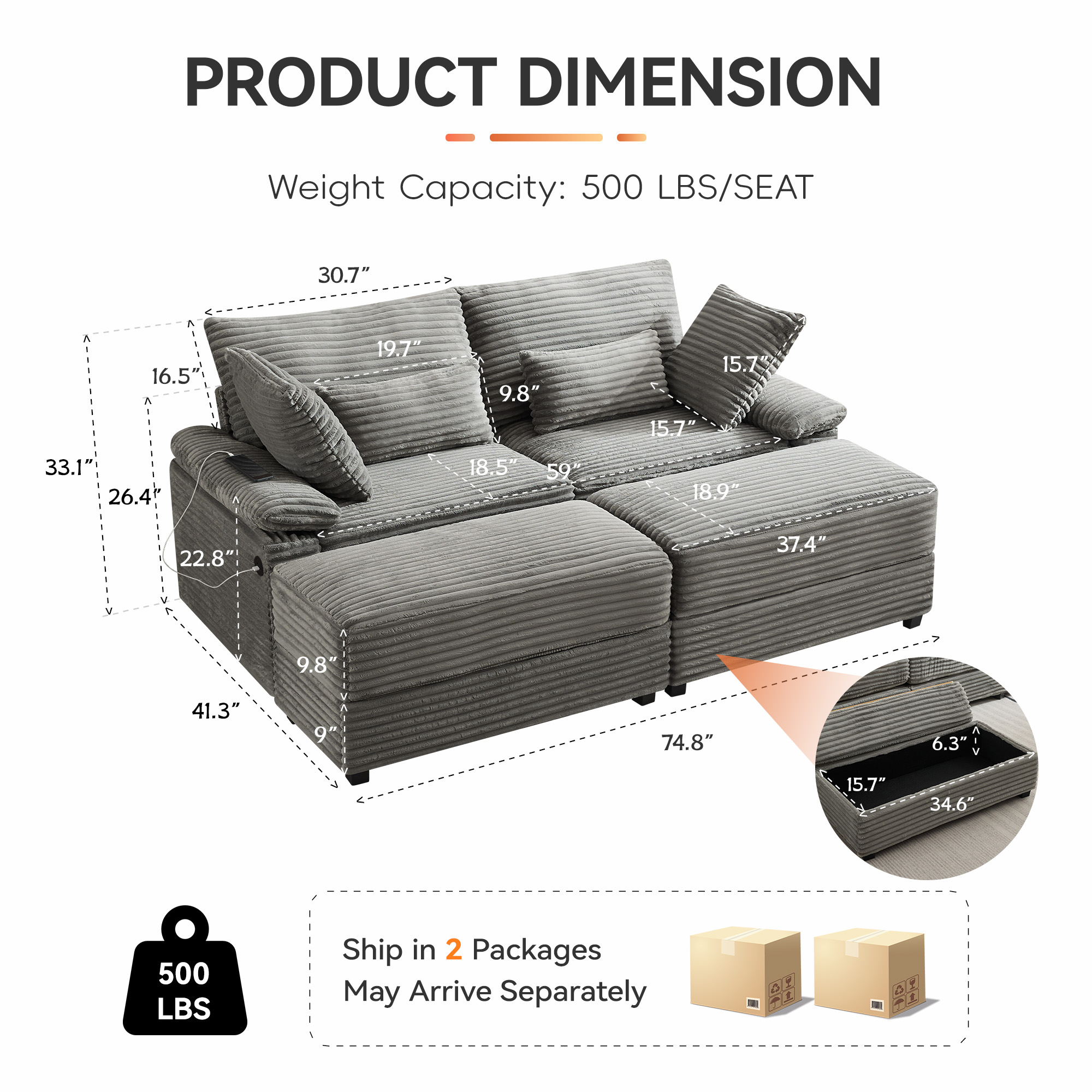 Corduroy Upholstered Sofa for Living Room,Modern Deep Seat Comfy Loveseat Couch with 2 Ottomans,Gray