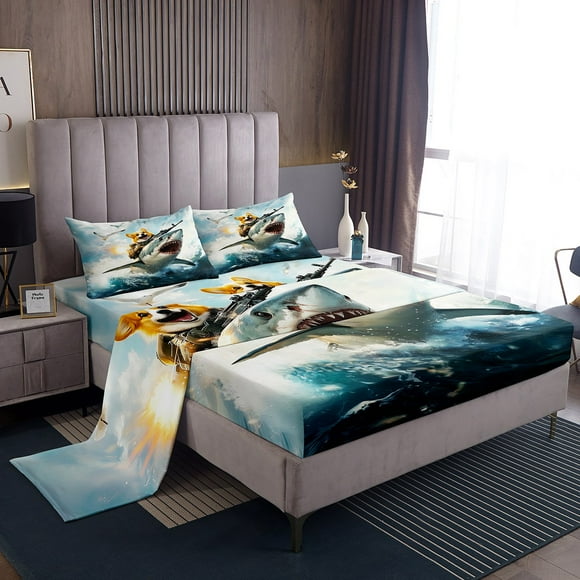 Erosebridal Dog Corgi Bed Sheets Set Queen Size,Animal Shark Bedding Sets Queen Size,Marine Wildlife Bedroom Decor,Breathable,4pcs