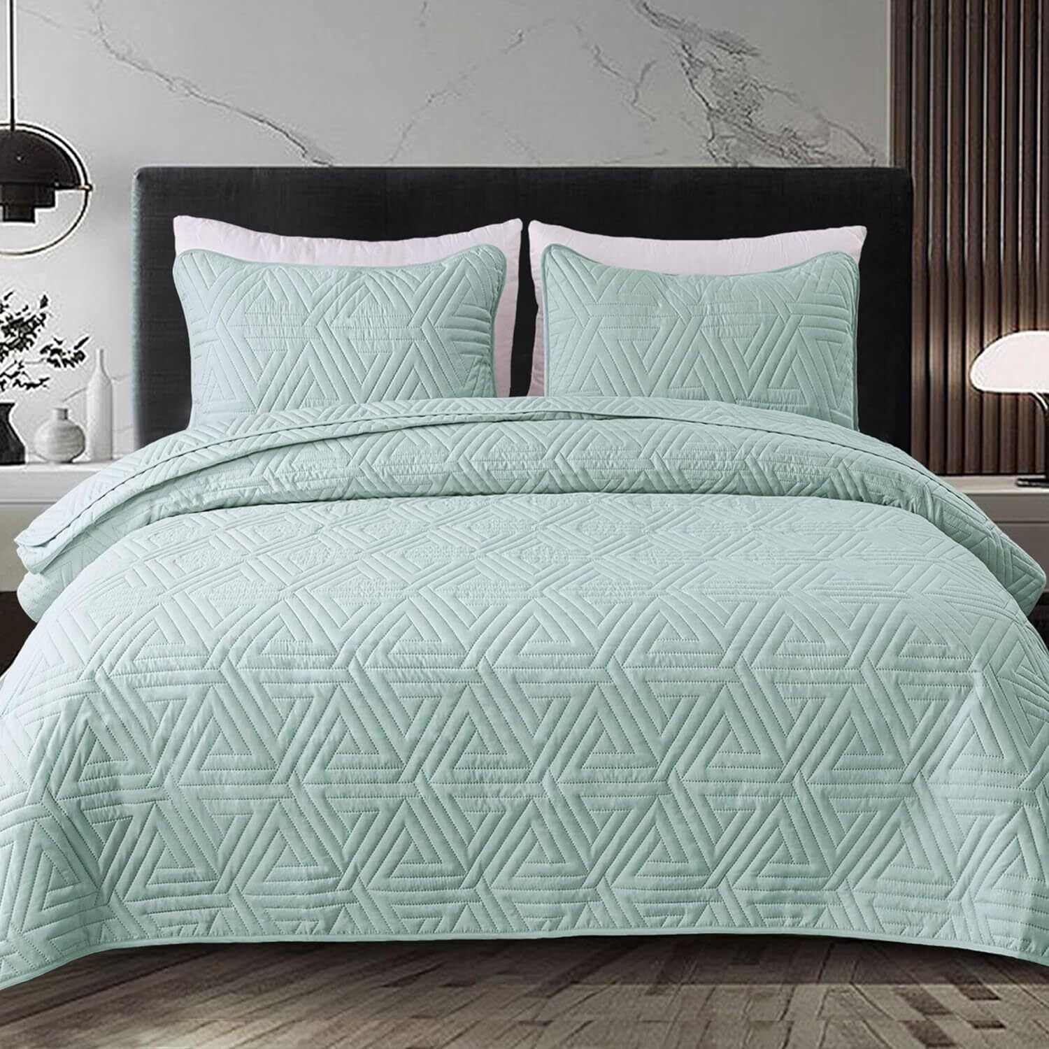 Whale Flotilla 2-Piece Twin Size Quilt Set for All Season, Classic Geometric Pattern Bedding Set with 1 Pillow Sham, Soft and Lightweight, Aqua Blue