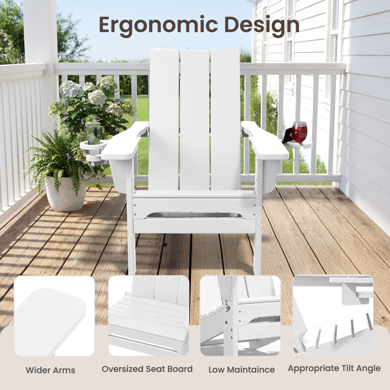 RIAFUN HDPE Foldable Adirondack Chair, Outdoor Patio Chair with 2 Cup Holders, Heavy Duty All-Weather Seating for Lawn,Porch,Deck,Backyard, White