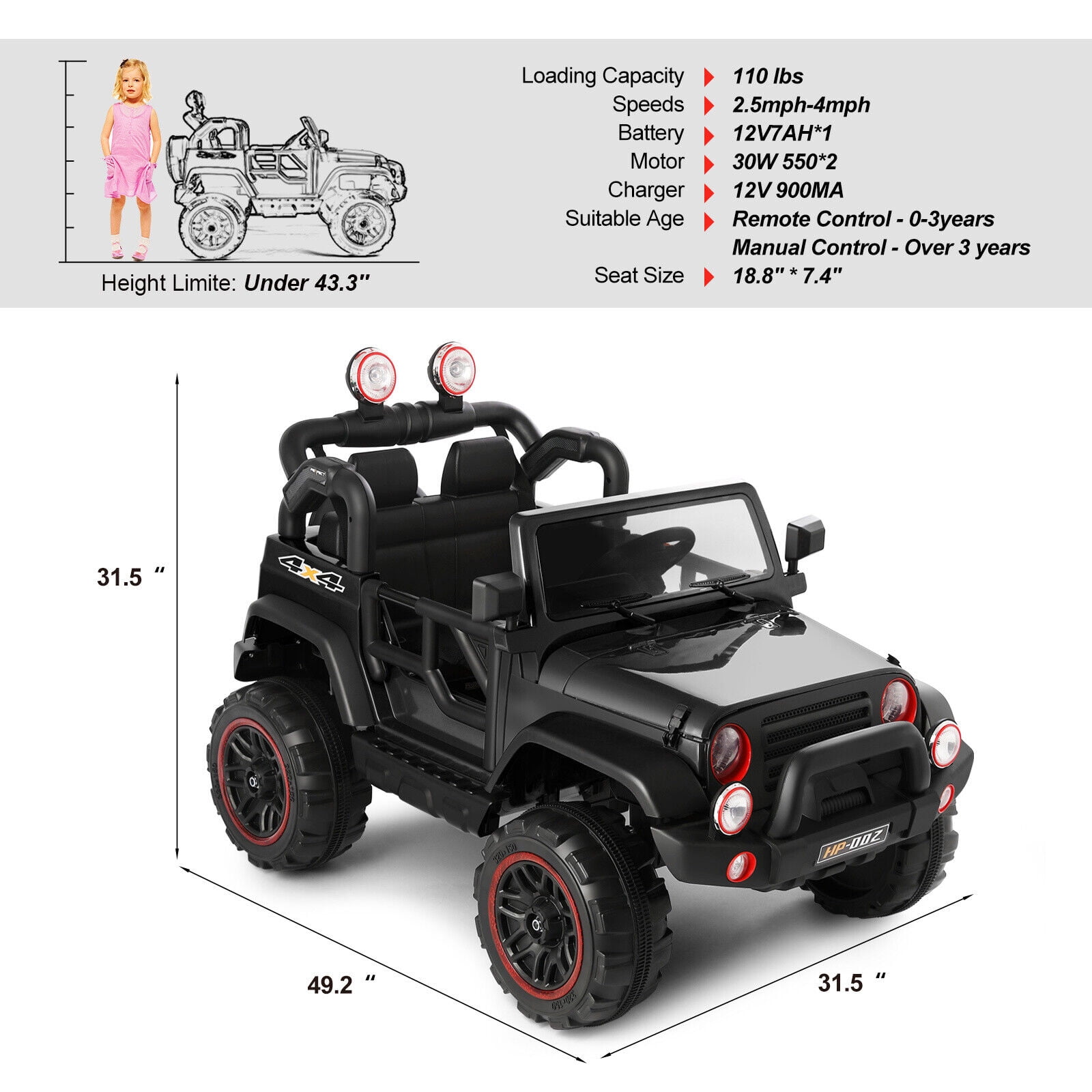 12V Battery Kids Ride On Car Truck Jeep w/Music,Lights,Cover,Remote Control(Black)