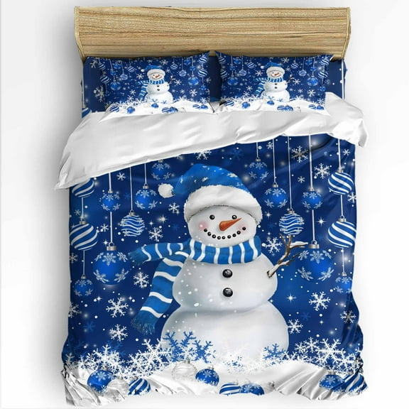 Christmas Blue Snowman Twin Size Comforter Set, Xmas Balls Snowflake Soft Bedding for All Seasons, 4 Pcs Bed Set with 1 Comforter (68"x86") ,1Sheet(66"x116"), 2 Pillowcases (19"x29")