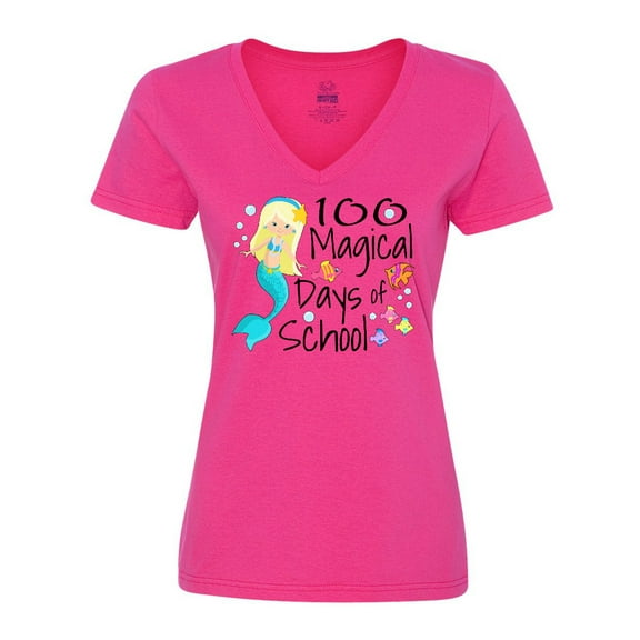 Inktastic 100 Magical Days of School with Blue Mermaid and Fish Women's V-Neck T-Shirt