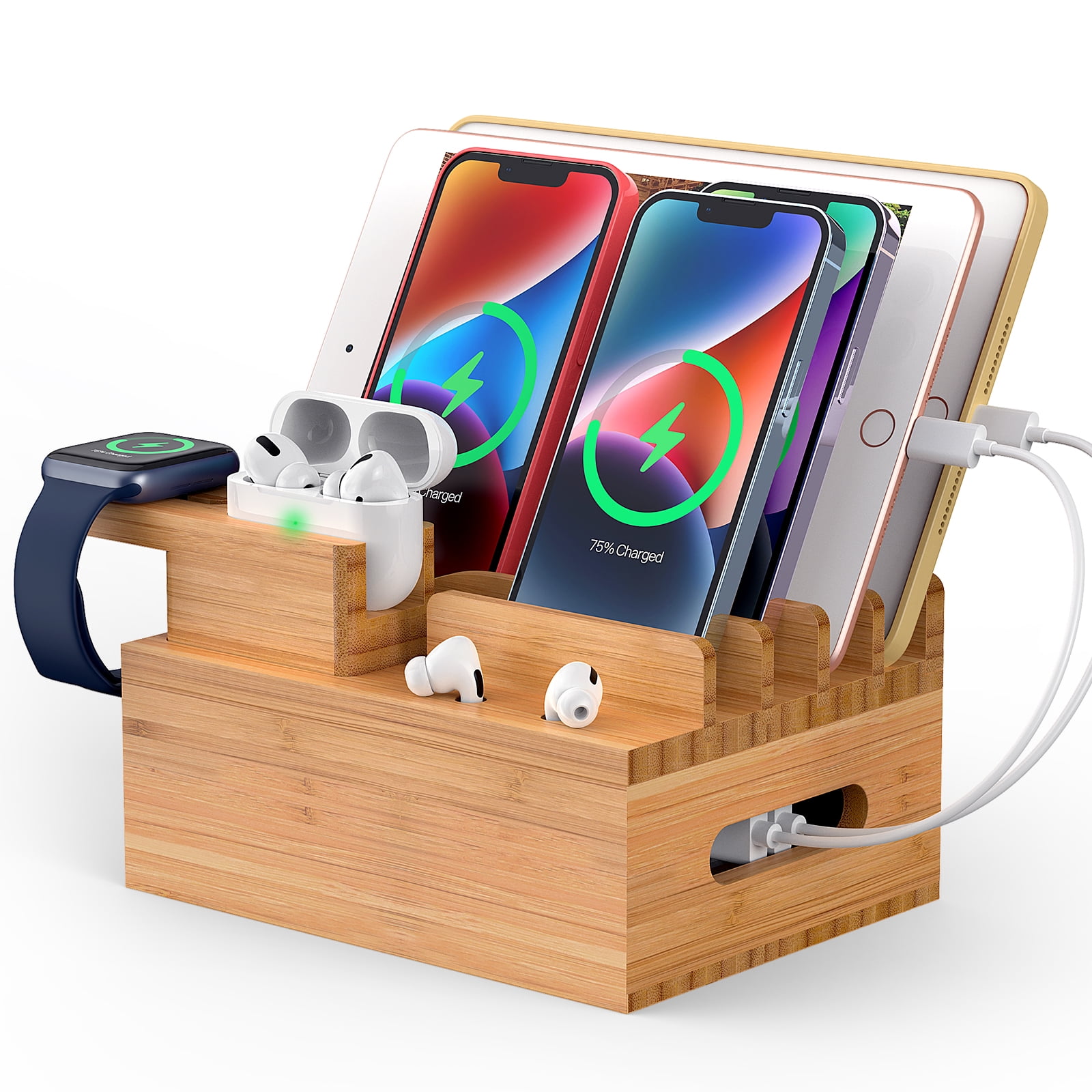 Bamboo Charging Station, Desktop Organizer Charger Dock Stand for Multiple  Devices, with 6 Cables and Smartwatch  Earbuds Stand Pezin  Hulin -  Walmart.com