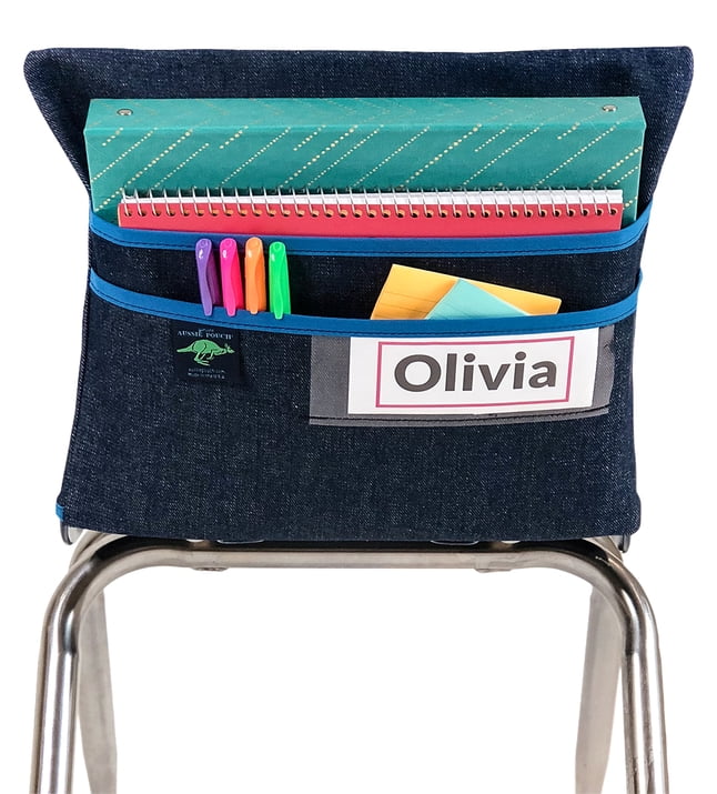 Aussie Pouch Chair Pocket with Double Pocket Design and Name Tag Pocket, Large, 17 Inches, Blue Trim