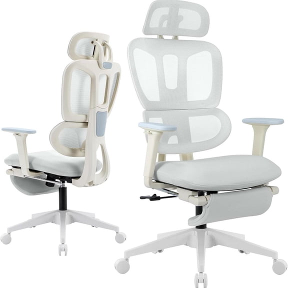 Ergonomic Office Chair with Footrest, High Back Mesh Desk Chair with Adjustable Headrest & Armrests, 90°-135° Reclining Computer Chair with Lumbar Support and Rocking Function, Blue