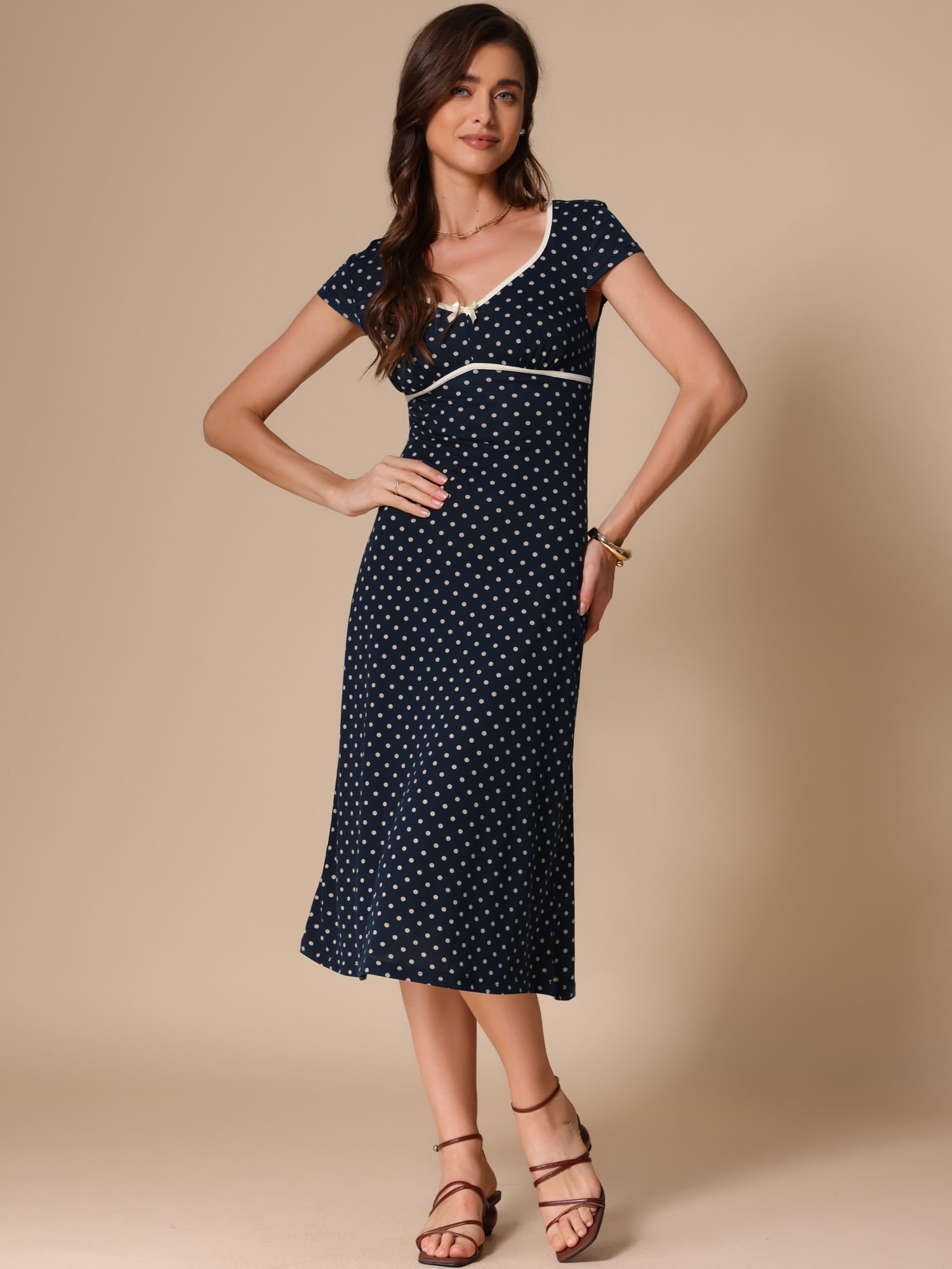 DARING DIVA Vintage Retro Classic Cap Sleeve Midi Polka Dot Dress M Dark Blue