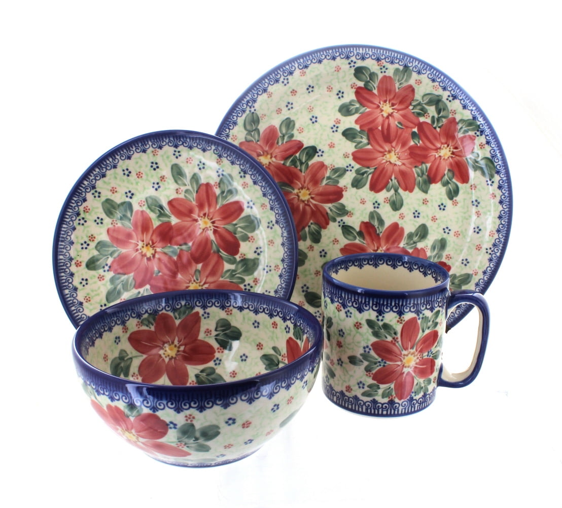Polish Pottery Poinsettia 4 Piece Dinner Set