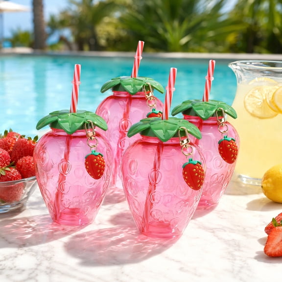 HOMEMAXS Set of 4 Strawberry Pattern Drinking Cups Made of PP for Parties and Everyday Home Use