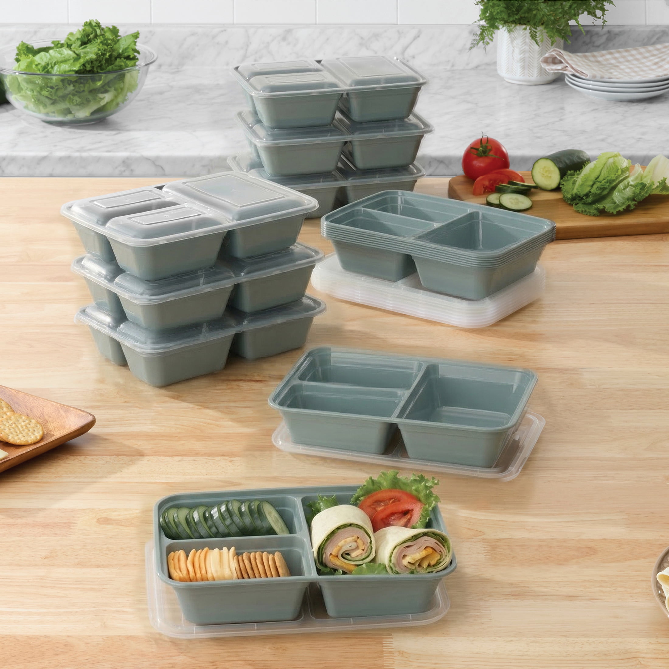 Mainstays 15-Pack 3-Compartment BPA-Free Plastic Meal Prep Food Storage Containers, 0.9L, Blue Cameo