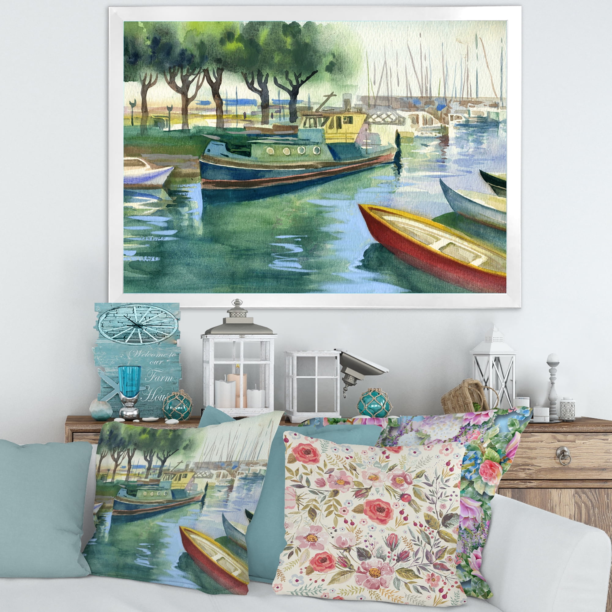 Boats At The Lake in Green Spring 32 in x 16 in Framed Painting Canvas Art Print, by Designart