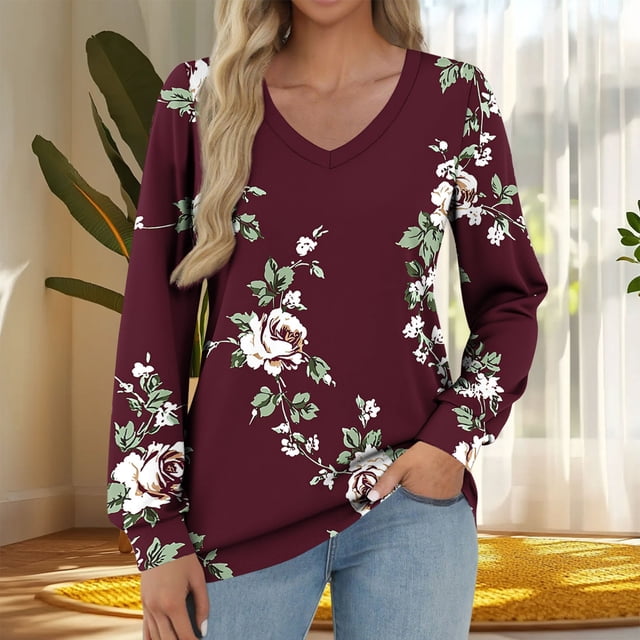 Heisall Women's Tops Spring Autumn 2025 New Arrival Long Sleeve V-Neck Loose Casual T-shirts with All-over Print Fashion