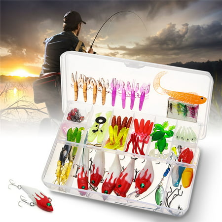 100 pcs Fishing Lures Set with Tackle Box, Include Frog Minnow Popper Pencil Crank Spoon Spinner Maggot Shrimp Baits Swivels for Freshwater Trout