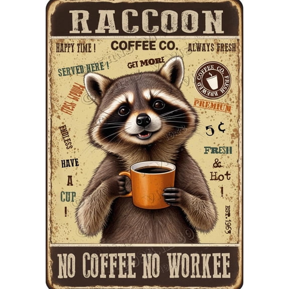 Raccoon Decor Coffee No Coffee No Workee Retro Aluminum Sign,12x8 inches,Funny Wall Decor, Cafes Tin Bar Sign For Coffee Bar Club