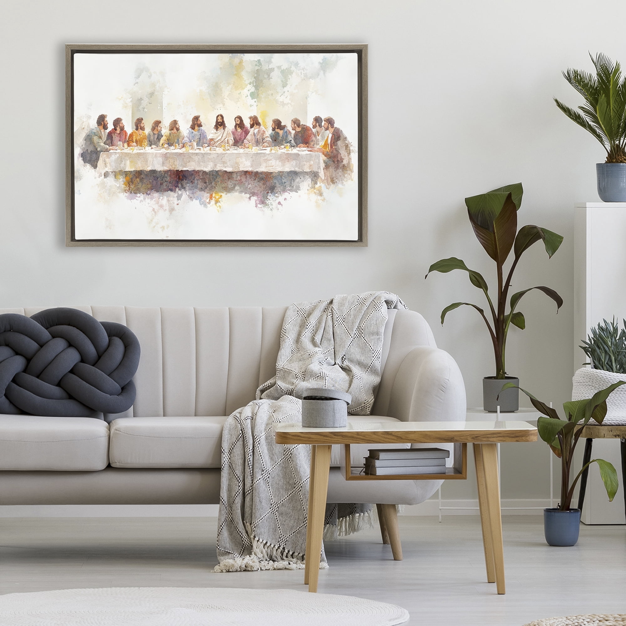 Stupell Industries Watercolor Supper Spirituality Brown Framed Floater Canvas Wall Art, design by Petal Prints Design