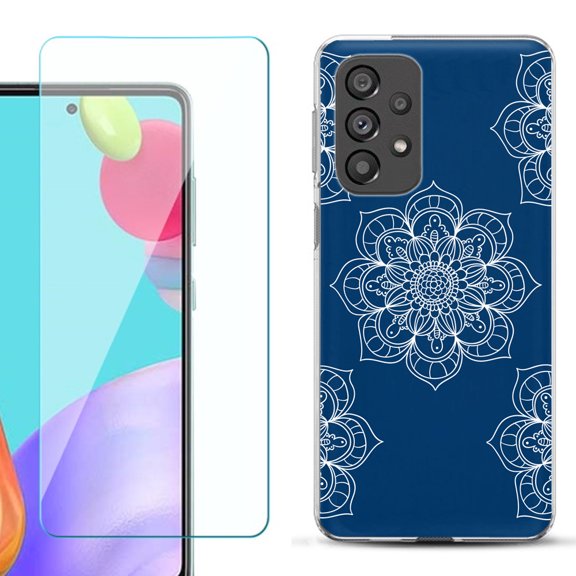 Slim-Fit Gel TPU Phone Case for Samsung Galaxy A33 5G, with Tempered Glass Screen Protector, by OneToughShield ® - Mandala / Blue
