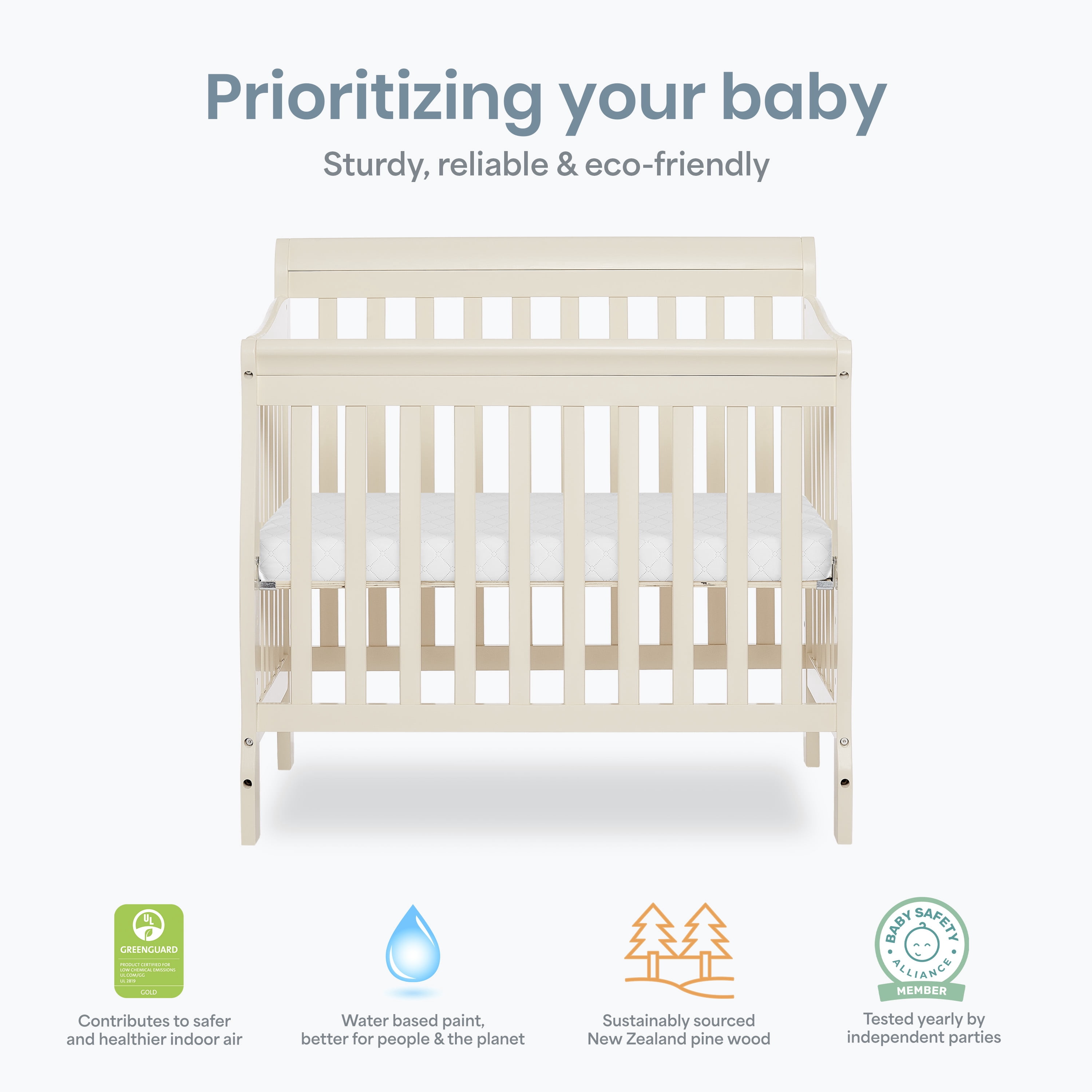 Dream On Me Aden 4-in-1 Convertible Mini Crib In French White, Greenguard Gold Certified