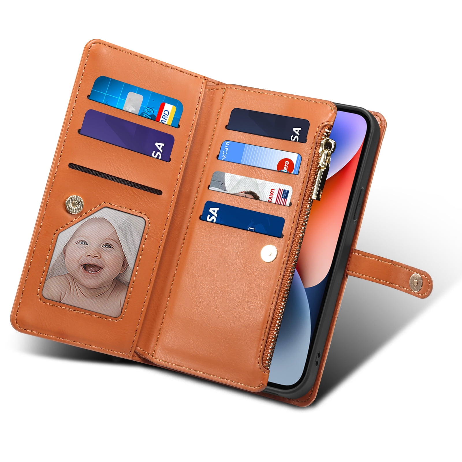 Dteck Wallet Case for iPhone 13 6.1 Inch, Leaf Pattern Luxury PU Leather RFID Blocking Card Slots Holder Zipper Pocket Flip Case with Kickstand Magnetic Crossbody Strap Phone Cover,Brown