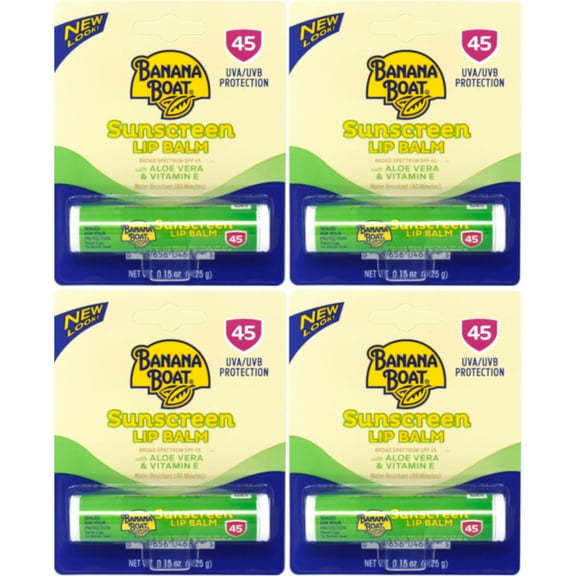 4 Pk Banana Boat Aloe Vera with Vitamin E Sunscreen Lip Balm, SPF 45 - .15oz Ea