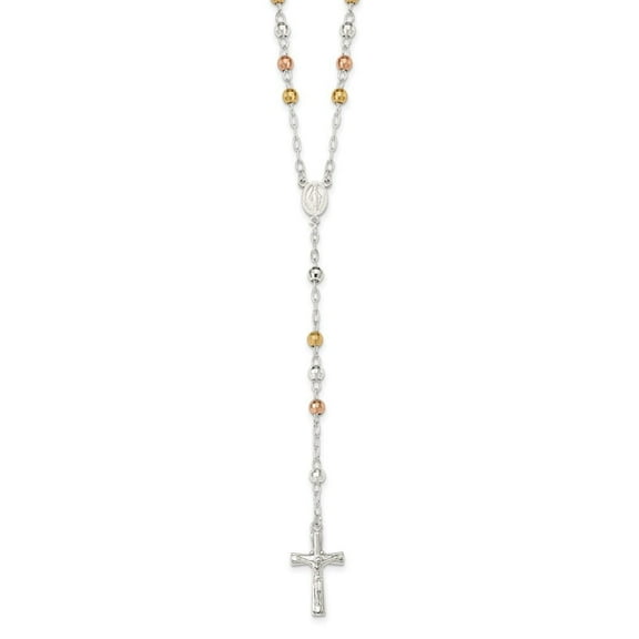 Auriga Fine Jewelry 925 Sterling Silver Tri-color Polished Textured Bead Rosary Necklace for Women 26"