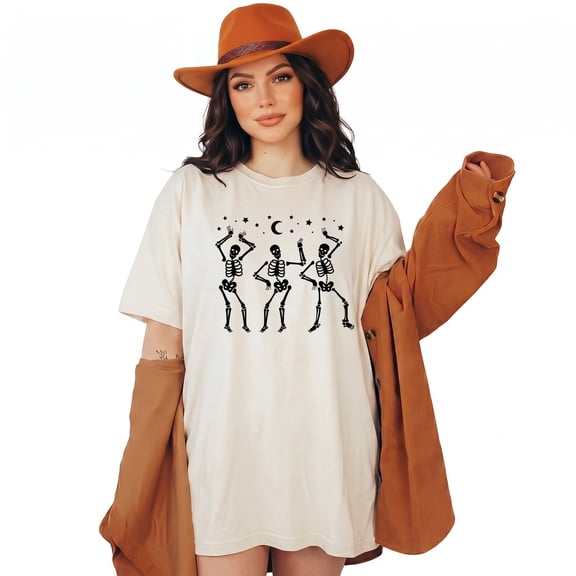 Dancing Skeletons Halloween T-Shirt, Trio Skeleton Dance Party Tee, Cute Skeleton Moon Stars Shirt for Women, Halloween Party Gift