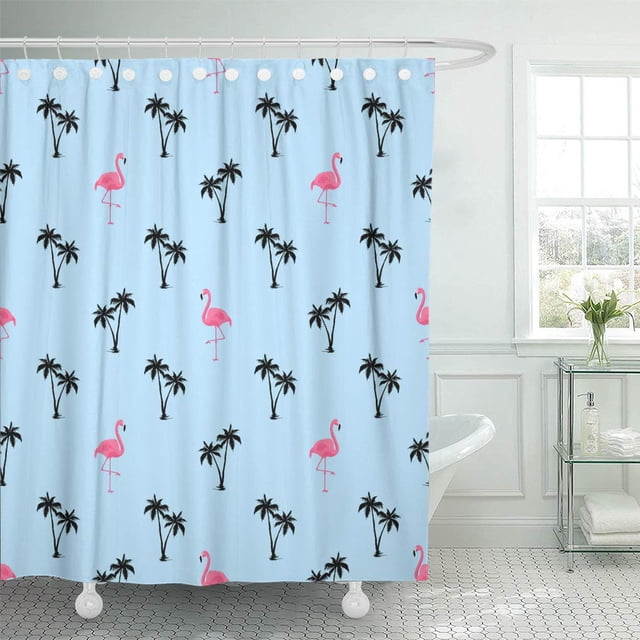 ABPHQTO Diseño de patrón de árbol de flamencos y palmeras Archivo azul Playa Océano tropical Clima Juego de cortinas de ducha de baño impermeables 165x180 cm