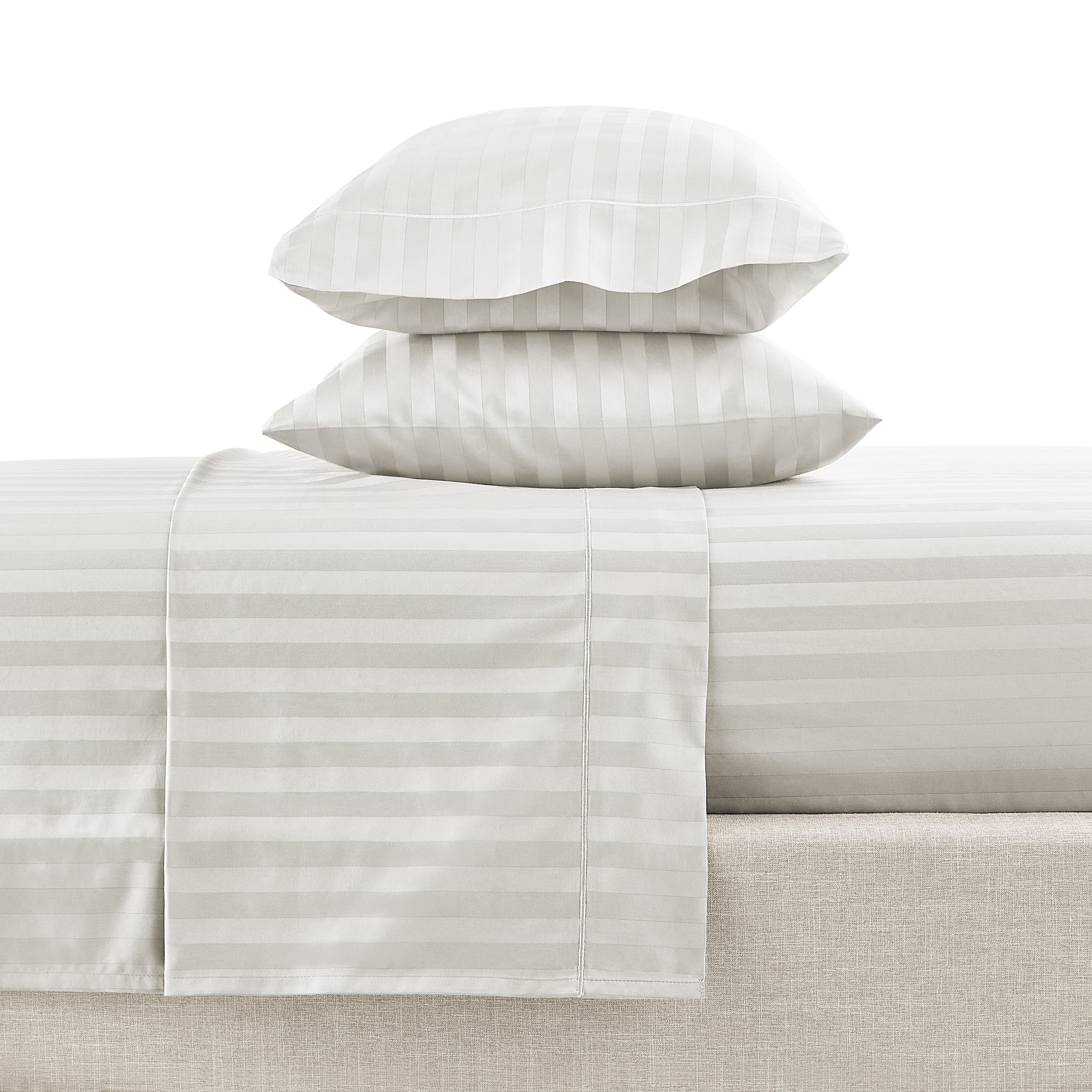 Hotel Style 4-Piece 600 Thread Count White Stripe Egyptian Cotton Adult Bed Sheets, Queen-Deep Pocket