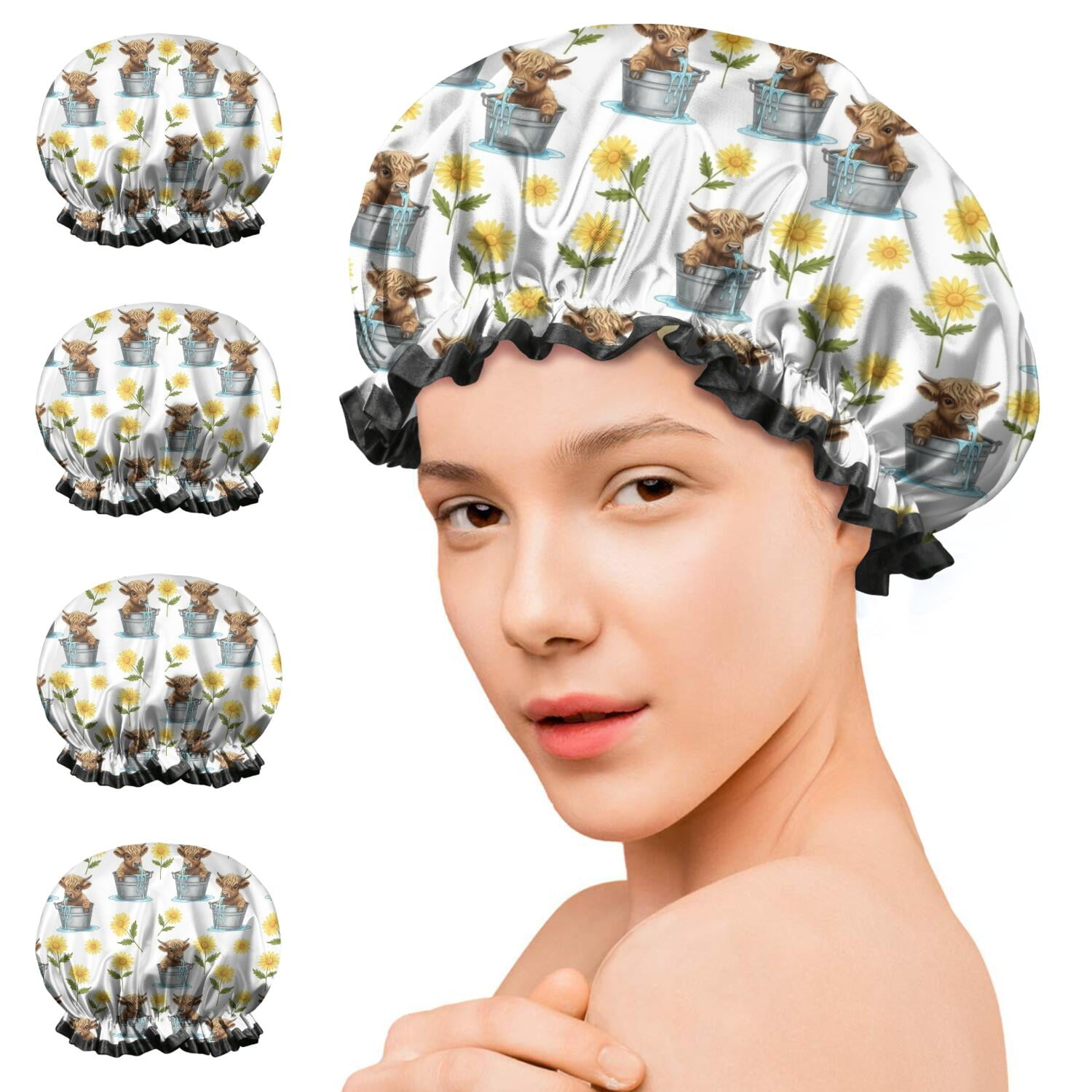 Shower Caps,Highland Cow Bucket Flower Pattern Waterproof Shower Cap for Women 4 Pieces,Double Reusable Hair Cover for Shower PEVA Elastic Stretch Hem