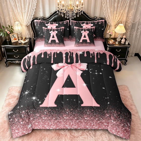 Manfei Kawaii Bow Personalized Initial A Twin Bedding Sets 7-Piece for Girls,Gradient Glitter Print Bedding Comforter Set for Kids Teens,Pink Reversible,Ultra Soft Home Decor
