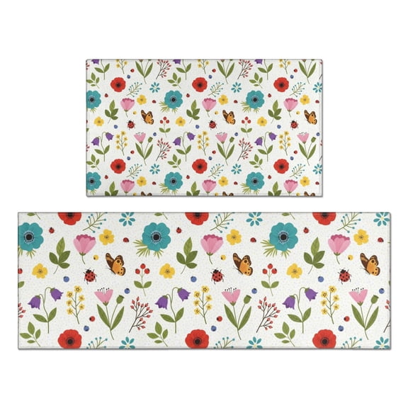 Pioneer Flower Floral Print Pattern Kitchen Rugs Sets Of 2, Anti Fatigue Non Slip Washable Floor Mats for Kitchen Sink Laundry, 17X30 Inch   17X47 Inch
