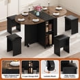 thumbnail image 4 of Blotout 5 PCS Farmhouse Dining Table Set for 4, 60'' Large Oval Folding Dining Table Set w/4 Leather Chairs,6 Wheels,Drop Leaf Foldable Kitchen Table w/2-Layer Storage Shelf for Small Spaces, Walnut, 4 of 8