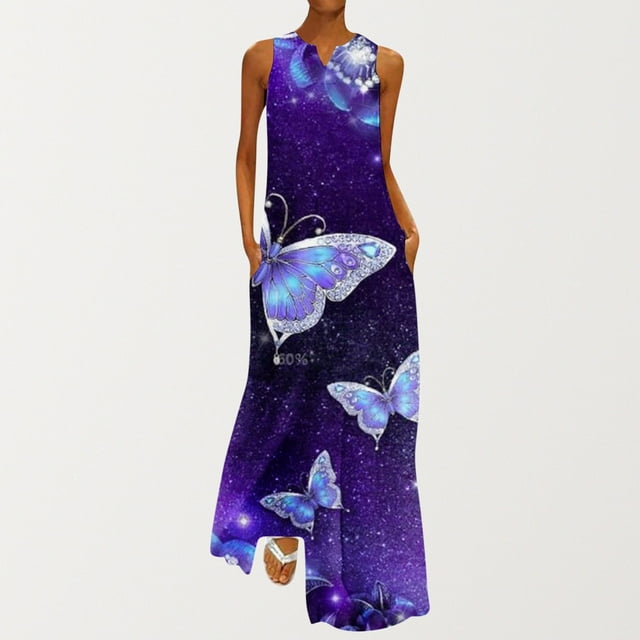 SMihono Robe Maxi Bohème d'Été pour Femmes Grande Taille Mode d'Été pour Femmes Imprimée à Col en V Sans Manches à Enfiler avec Poches Robe de Plage Évasée Robe Soleil