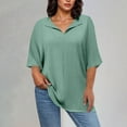 thumbnail image 2 of ABATAB Women Plus Size Cotton Linen Shirts Casual Lightweight Solid Color Tee Blouses Loose Fit Half Sleeve Collared Vacation Tops(X-Large,Mint Green), 2 of 7