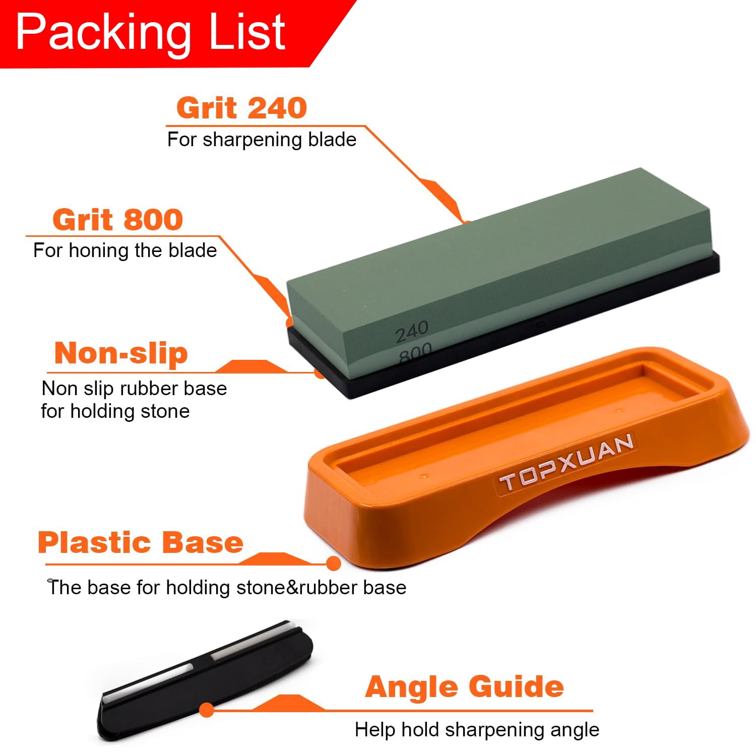 TOPXUAN Knife Sharpening Stone 2 Sided 240/800 Grit Sharpener Waterstone,Professional Kitchen Whetstone with Orange Plastic Base,Non-Slip Rubber and Angle Guide
