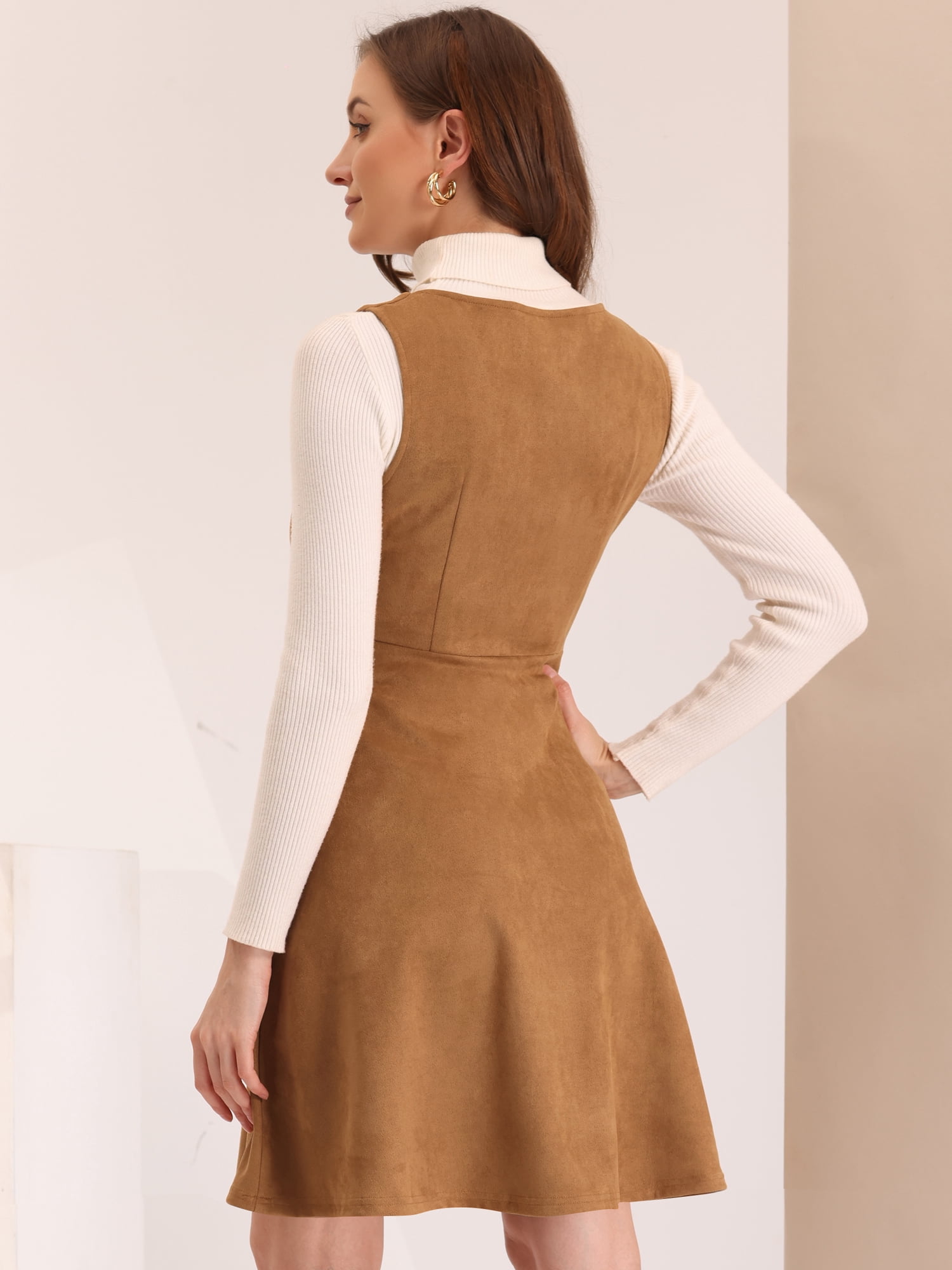 DARING DIVA Round Neck Sleeveless A-Line Pleated Faux Suede Overall Dress XL Brown