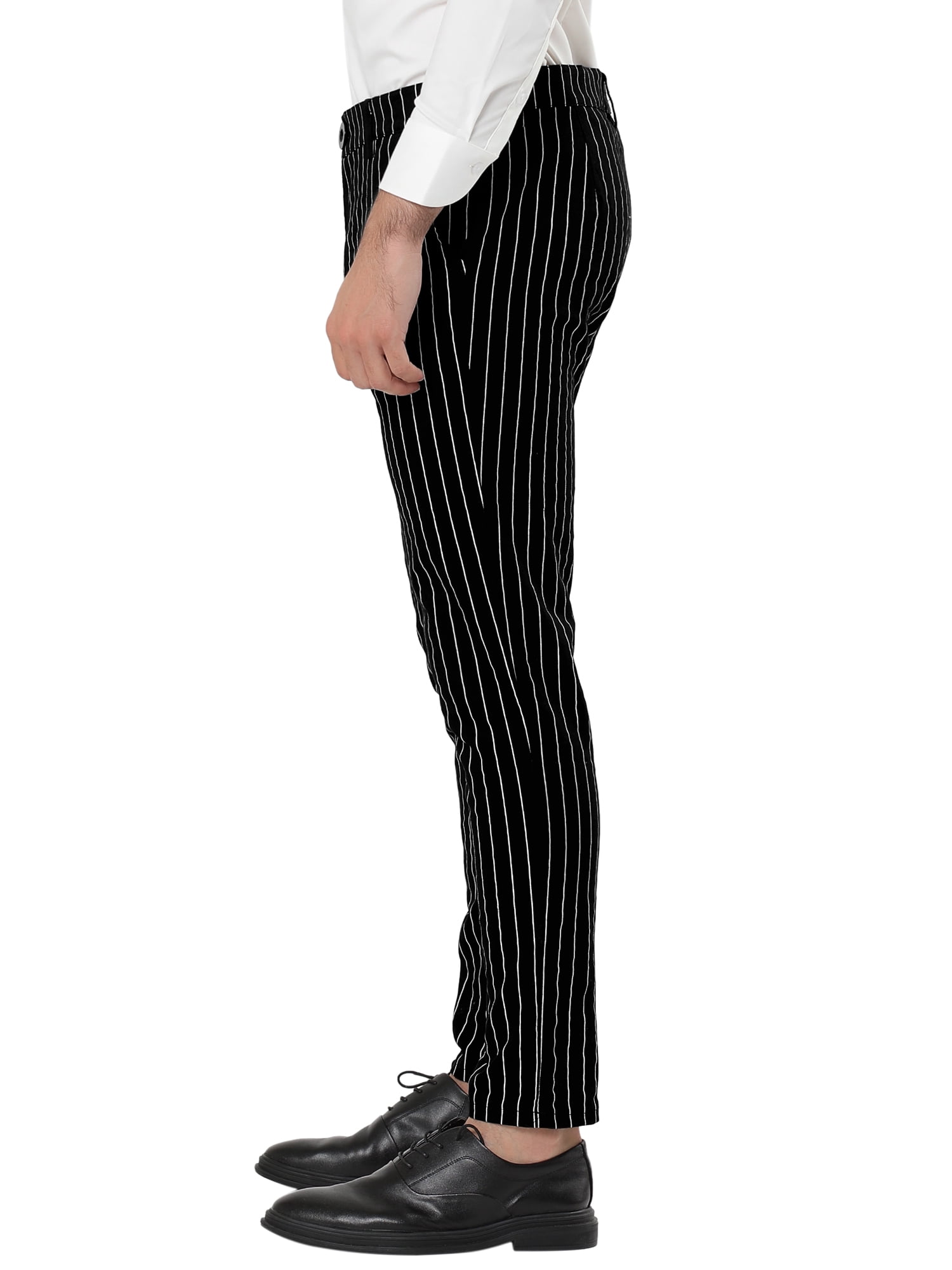 Unique Bargains Men's Striped Pants Slim Fit Flat Front Business Dress Trousers 34 Black